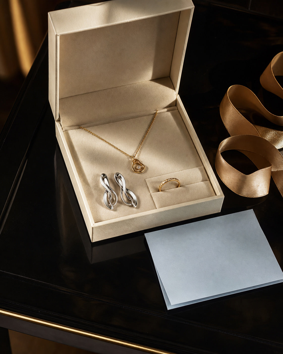 Warm ivory jewelry packaging arranged for considered gifting